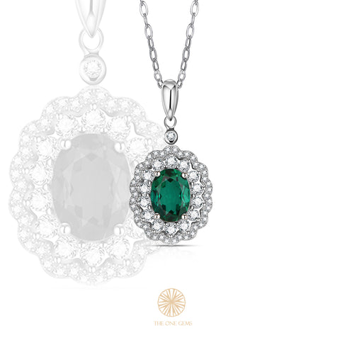 Oval Cut Labgrown Emerald With Round Moissanite Double Wavy Halo Pendant