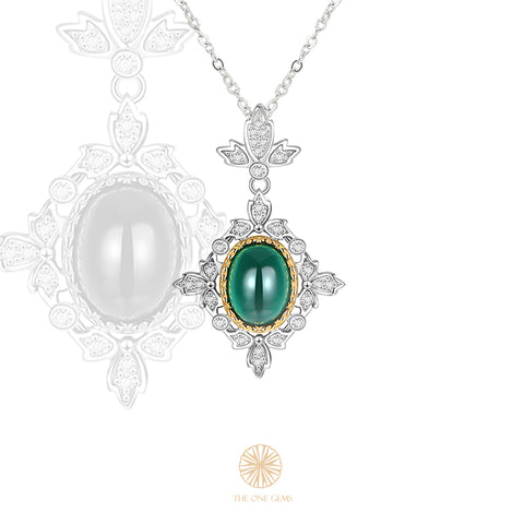 Maple Leaf Design Oval Cut Emerald With Micro-Pave Moissanite Pendant