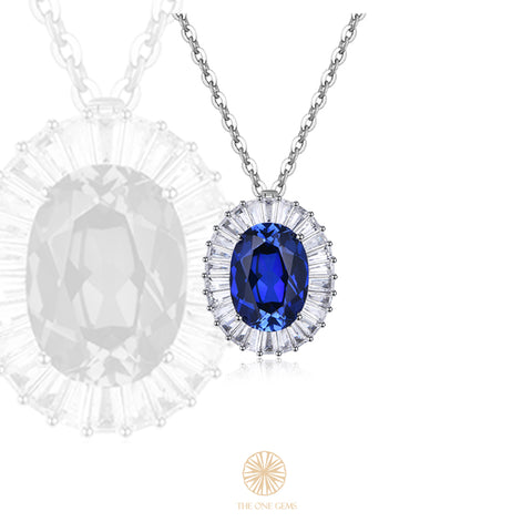 Sunflower-Oval Cut Labgrown Sapphire With Trapezoid Cut Moissanite Halo Pendant