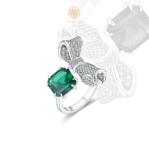 Bow-knot Design Labgrown Emerald With Micro Pave Moissanite Ring